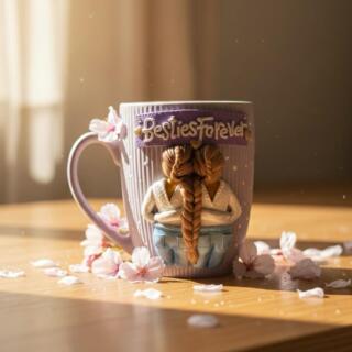 Handmade thermal clay mug featuring two best friends holding hands, colorful and playful design, perfect gift for friendship