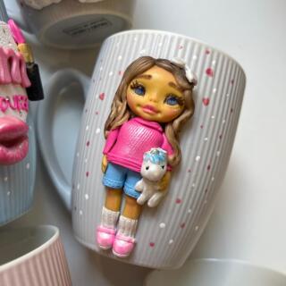 Gray and rose handmade mug with cute girl holding teddy, customizable design.
