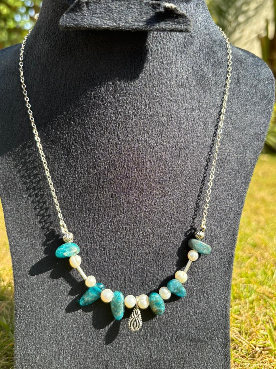 Handmade 925 Silver Blue Apatite & Pearl Necklace 1 Handmade 925 Silver Blue Apatite & Pearl Necklace