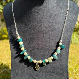 Handmade Original 925 Silver Blue Apatite & Pearl Lotus Eye Of Horus Necklace