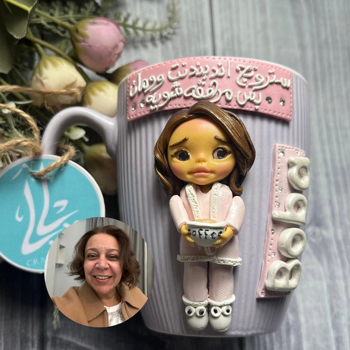 Personalized Strong Woman Polymer Clay Mug 1 Handmade polymer clay mug with a customized cute girl figure holding coffee, designed to look like the owner, perfect for Mother’s Day and best friend gifts.