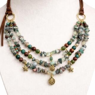 One piece leather, Indian agate necklace, 3 layers