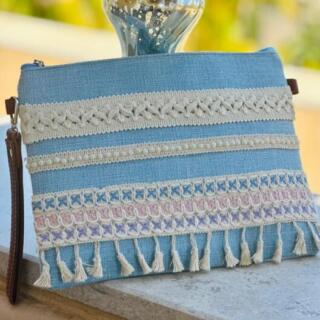 Embroidered Tassel Clutch in Sky Blue