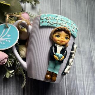 Handmade polymer clay mug with a customized cute girl figure holding coffee, designed to look like the owner, perfect for Mother’s Day and best friend gifts.