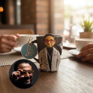 Custom handmade clay figurine mug inspired by a real person with personalized details and name tag, displayed on a coffee table.