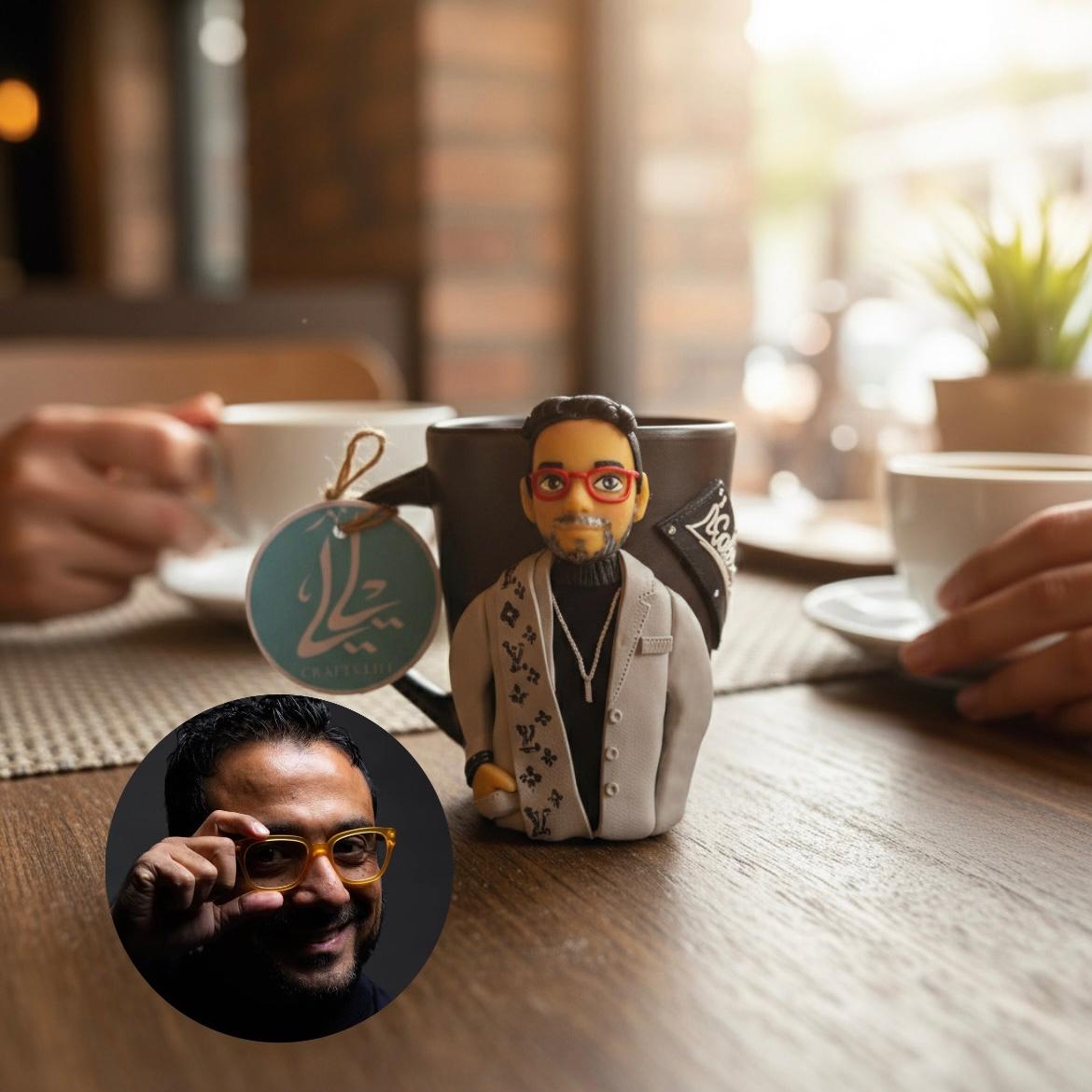 Personalized 3D Character Mug 1 Custom handmade clay figurine mug inspired by a real person with personalized details and name tag, displayed on a coffee table.