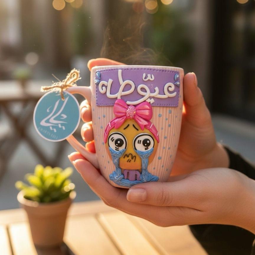 Cute Crying Girl Mug 1 Handmade polymer clay mug with a cute crying girl character