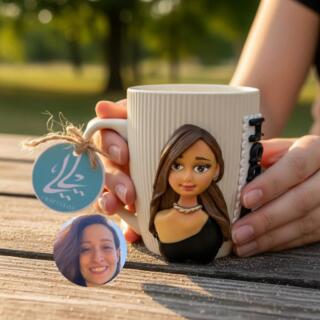 Cream mug featuring an elegant handmade polymer clay female portrait with customized details and name.