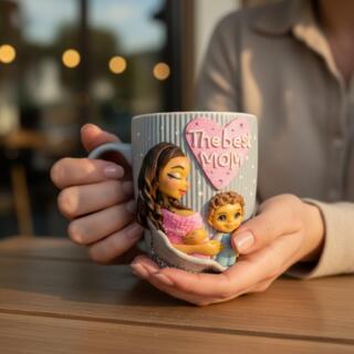 Handmade polymer clay mug featuring a pregnant mother holding her child with a pink heart that says “The best Mom” – perfect Mother’s Day gift.