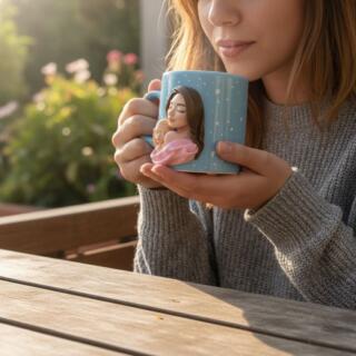 Handmade ceramic mug decorated with polymer clay featuring a baby in an incubator design, personalized name details, and soft pastel colors symbolizing hope and love.