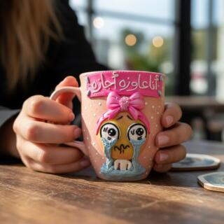 Handmade polymer clay mug with a cute crying girl character, pink bow, Arabic text, and pastel pink background.