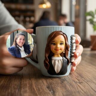 Light blue mug decorated with a handmade polymer clay portrait of a girl in a business outfit with a personalized name.