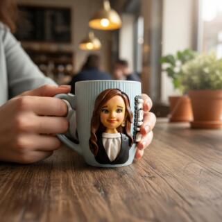 Light blue mug decorated with a handmade polymer clay portrait of a girl in a business outfit with a personalized name.