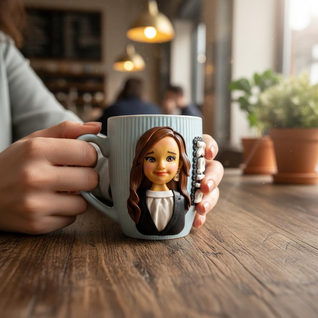 Personalized Business Girl Clay Mug 1 Light blue mug decorated with a handmade polymer clay portrait of a girl in a business outfit with a personalized name.