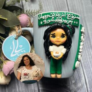 Handmade polymer clay mug with a customized cute girl figure holding coffee, designed to look like the owner, perfect for Mother’s Day and best friend gifts.
