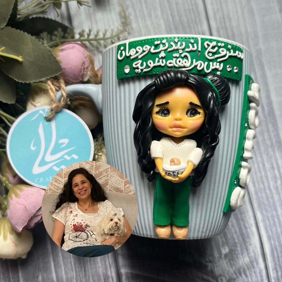 Personalized Strong Woman Polymer Clay Mug 1 Handmade polymer clay mug with a customized cute girl figure holding coffee, designed to look like the owner, perfect for Mother’s Day and best friend gifts.