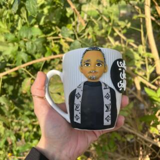 Handmade custom mug with a polymer clay portrait of a man