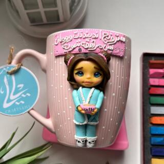 Handmade polymer clay mug with a customized cute girl figure holding coffee, designed to look like the owner, perfect for Mother’s Day and best friend gifts.
