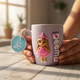 Lavender mug decorated with a handmade polymer clay girl in a pink unicorn outfit and personalized name.