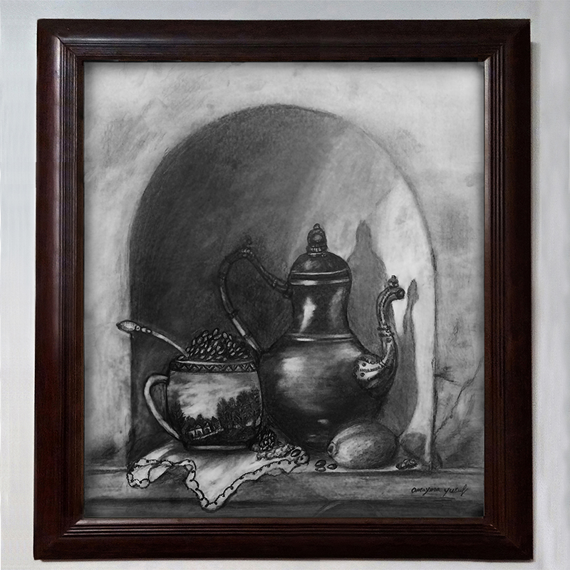 Timeless Glow - Black and White drawing. 1 this is a beautifully charcoal and pencil drawing with a rich and vintage feel ,wood frame wih glass .