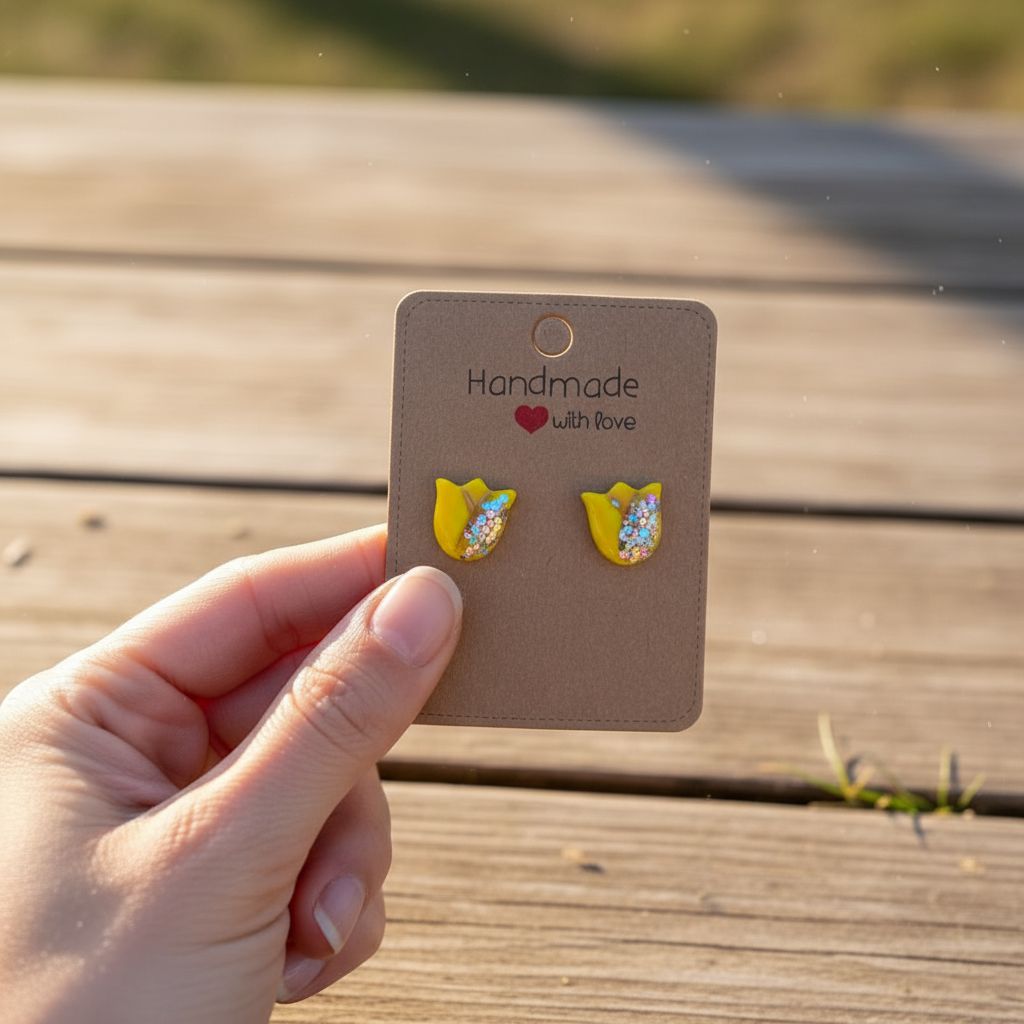 Handmade Tulip Clay Earrings – Colorful Floral Studs (Copy) 1 Handmade yellow tulip clay earrings with glitter detail displayed on a card