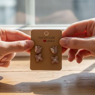 Handmade soft nude tulip clay earrings with glitter detail displayed on a card
