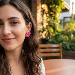 Handmade polymer clay daisy flower earrings with a fan-shaped design and glitter details in soft nude color, displayed on a card by the beach at sunset