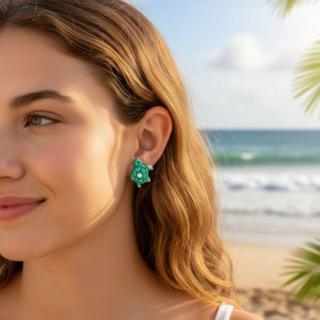 Handmade Polymer Clay Sea Turtle Earrings – Green Shades with Rhinestones