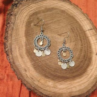 Medium sized silver color earrings with gold brass pendants