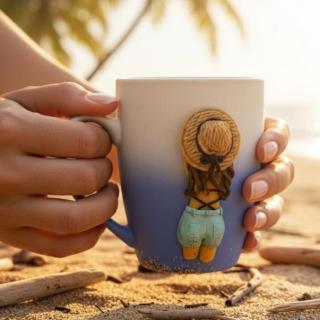 Summer Beach Girl Mug – Handmade Polymer Clay Coffee Cup