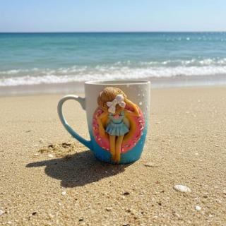 Summer Beach Girl Mug – Handmade Polymer Clay Coffee Cup