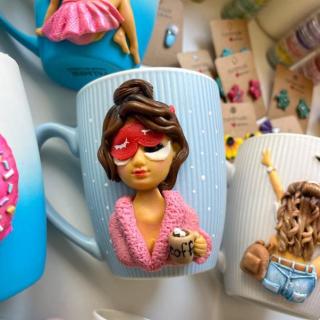 Handmade Coffee Lover Mug – Cute Sleepy Girl Design | “Shh… Coffee First”