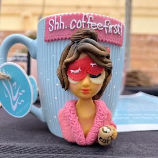 cute handmade coffee mug with sleepy girl design