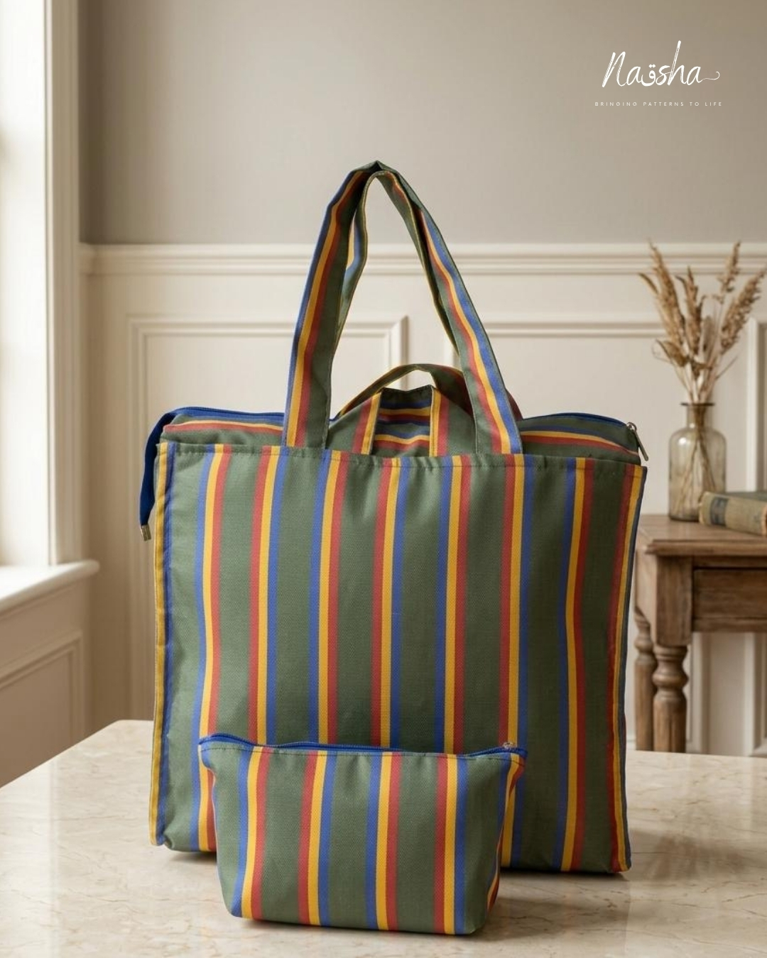 The Olive Rainbow Striped Tote in Waterproof 3 4 2