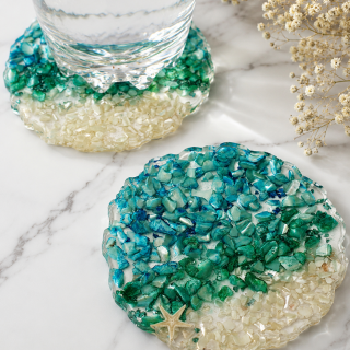 Luxury Resin Coaster Set with Natural Shells with Shades of Blue and Teal