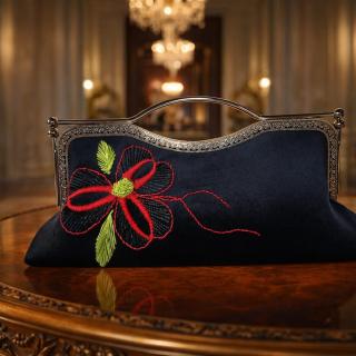 Elegant Unique One-of-a-Kind French Velvet Piece Embroidered with Red Thread