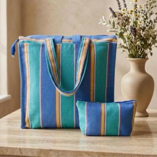 The Green Blue & Yellow Canvas Striped Tote