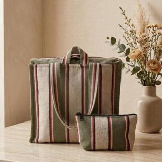 Green & Burgundy Striped Tote