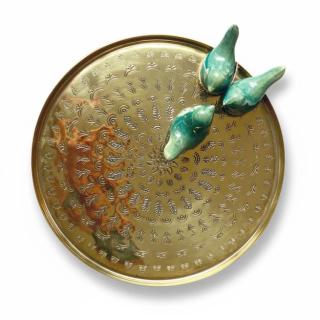 Artisanal Brass Tray with Glazed Ceramic Birds