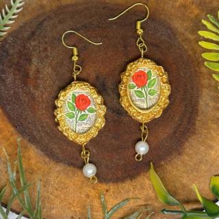 Vintage Red Rose Painting Earrings