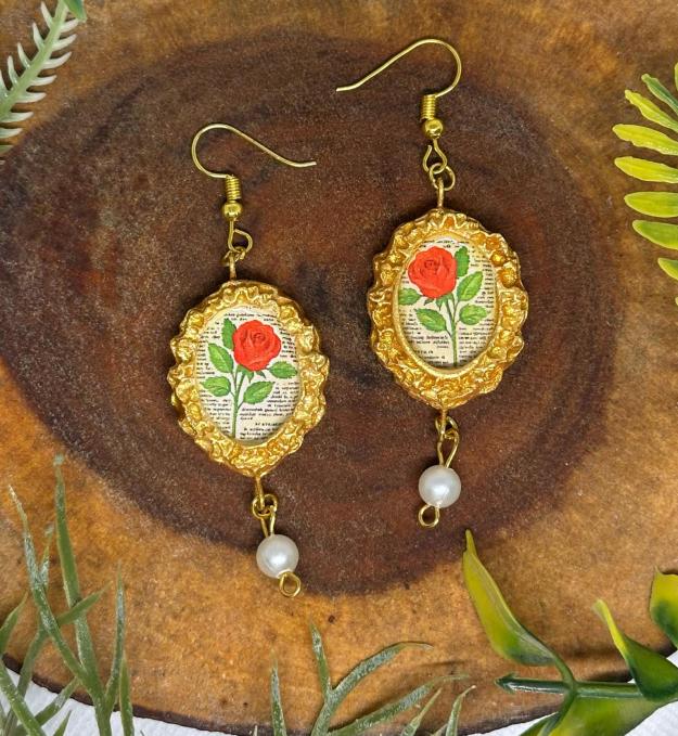 Vintage Red Rose Painting Earrings 1 Vintage Red Rose Painting Earrings