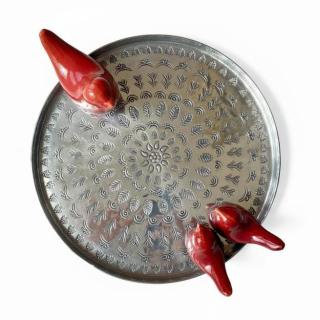 Artisanal Aluminum Tray with Glazed Ceramic Birds -4