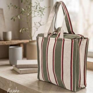 Green & Burgundy Striped Tote