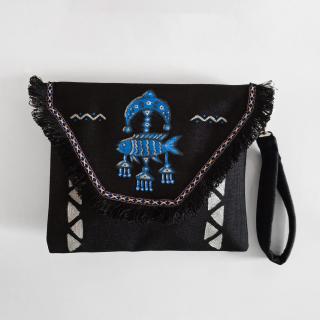 clutch bag in black color with a fish painted on it