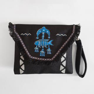 clutch bag in black color with a fish painted on it
