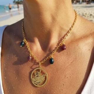 Gold plated brass necklace of a pretty dancer with colored agates (N191XMG)