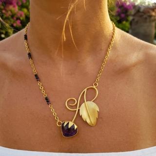 Gold plated brass necklace, a flower bud with a textured leaf with Onyx stones (N194XMG)