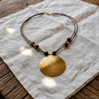 Genuine Leather Necklace with brass pendant and natural wooden beads