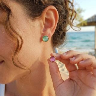 Gold plated brass earrings asymmetric colored agates stones (E214XMG)