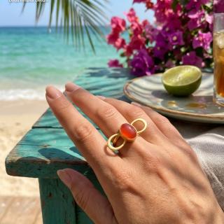 Gold plated brass ring with orange agate stone,adjustable size (R266XMG)